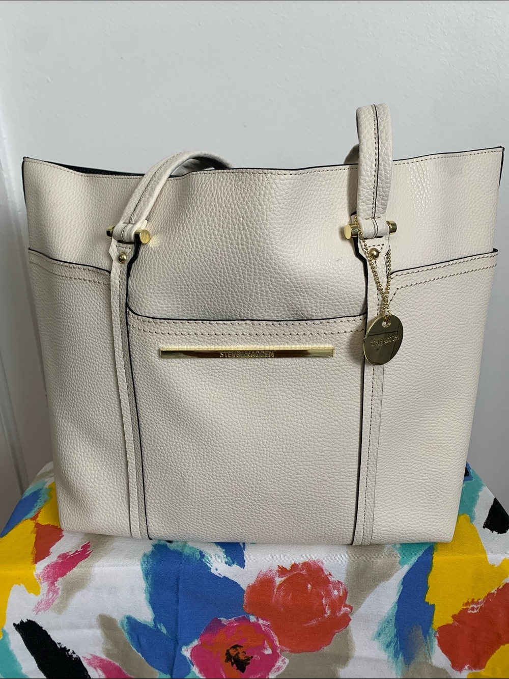 Steve Madden Ivory Pebbled Tote with Gold Charm